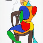 Colorful stylized painting of seated figure.