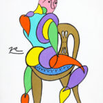 Colorful stylized painting of seated figure.