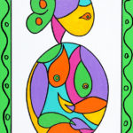 Colorful stylized painting of woman in an egg shape.