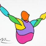 Colorful stylized painting of upper male torso with outstretched arms making a V shape.