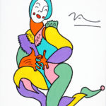 Colorful stylized painting of a kneeling clown.