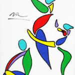 Colorful stylized painting of 3 figures dancing.
