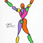 Colorful stylized painting of male figure with outstretched arms and legs.