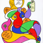 Colorful stylized painting of seated blond woman drinking vodka.