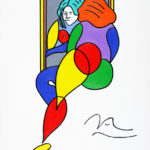 Colorful stylized painting of seated figure looking at reflection in a mirror.