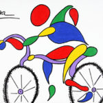 Colorful stylized painting of a man on a bicycle.