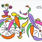Colorful stylized painting of a bicycle with flowers on the back of it.