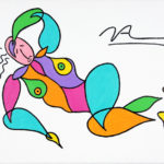 Colorful stylized painting of reclining figure with one arm draped over forehead.