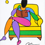 Colorful stylized painting of seated figure reading in colorful chair with lightbulb on string dangling to his side.