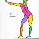 Colorful stylized painting of woman posing with one outstretched arm.