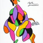 Colorful stylized painting of very large man.
