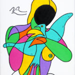 Colorful stylized painting of woman holding a bird.