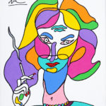 Colorful stylized painting of a smoking woman with cigarette.