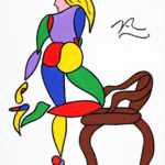 Colorful stylized painting of woman kneeling on a chair, taking off high heeled shoe.