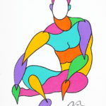 Colorful stylized painting of seated male figure.