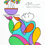 Colorful stylized painting of a smiling figure holding a platter with a bowl of flowers.