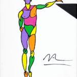 Colorful stylized painting of a standing male figure with one arm resting on a shelf.