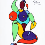 Colorful stylized painting of seated female figure.