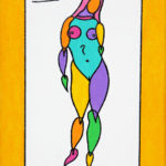 Colorful stylized painting of standing female figure.