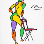 Colorful stylized painting of standing figure posing with a chair.