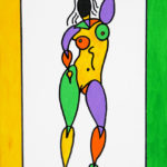 Colorful stylized painting of standing female figure.