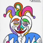 Colorful stylized painting of smiling clown in colorful costume.