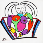 Colorful stylized painting of smiling woman.
