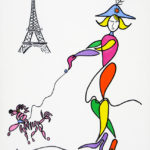 Colorful stylized painting of woman with a hat walking a poodle in front of the Eiffel Tower in Paris.