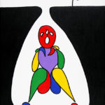 Colorful stylized painting of seated figure in a hole with a flower growing on the surface outside the hole.