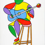 Colorful stylized painting of a man on a stool playing a guitar.