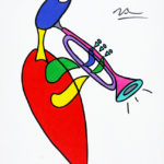 Colorful stylized painting of a figure playing a trumpet.