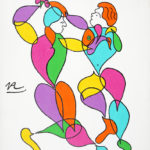 Colorful stylized painting of 2 dancing figures.