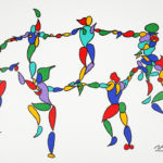 Colorful stylized painting of a circle of 7 people dancing holding hands.