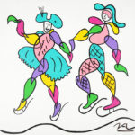 Colorful stylized painting of 2 ice skating figures in fancy costumes.
