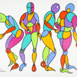 Colorful stylized painting of 4 dancing men.
