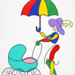 Colorful stylized painting of a woman with a feathered hat pushing a baby carriage, holding an umbrella.