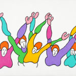 Colorful stylized painting of 5 happy friends with their arms in the air.