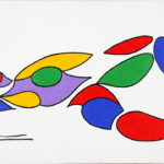 Colorful stylized painting of reclining female figure.