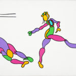 Colorful stylized painting of 2 figures on stage.