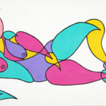Colorful stylized painting of reclining female figure.