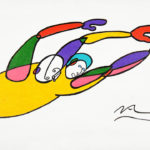 Colorful stylized painting of2 figures on stage with arms outstretched.
